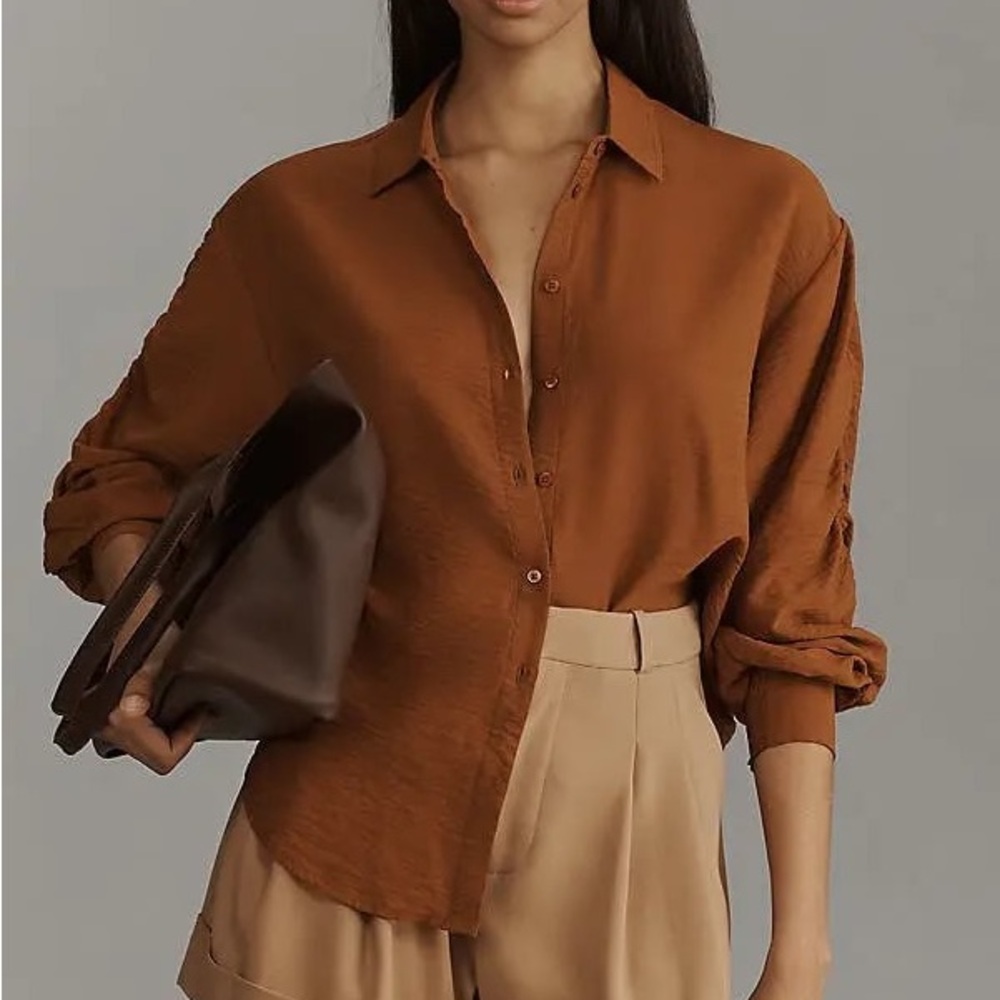 Anthropologie rust brown long ruched billowy sleeve blouse top